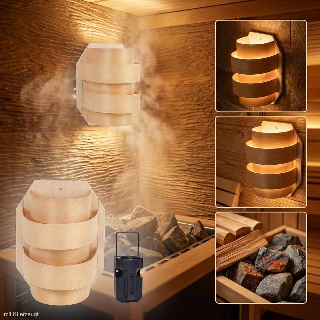 Kleine hölzerne Sauna-Wandleuchte mit gebogenem Lamellendesign, die warmes Licht ausstrahlt.
