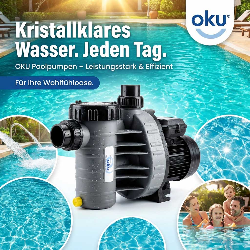 Poolpumpe mit spritzendem Wasser in einem klaren Schwimmbad.