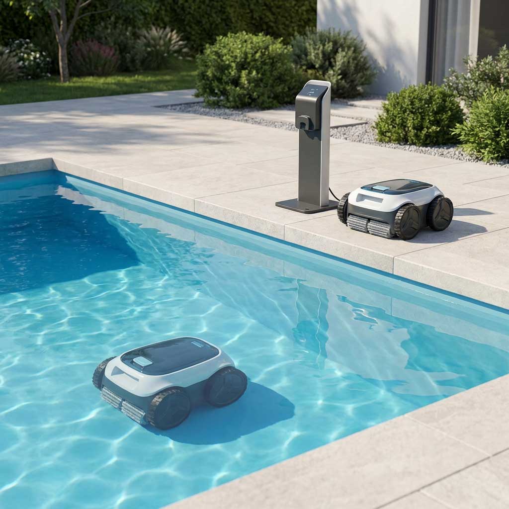 Zwei Roboter-Poolreiniger und eine Ladestation in der Nähe eines in den Boden eingelassenen Schwimmbadrandes.