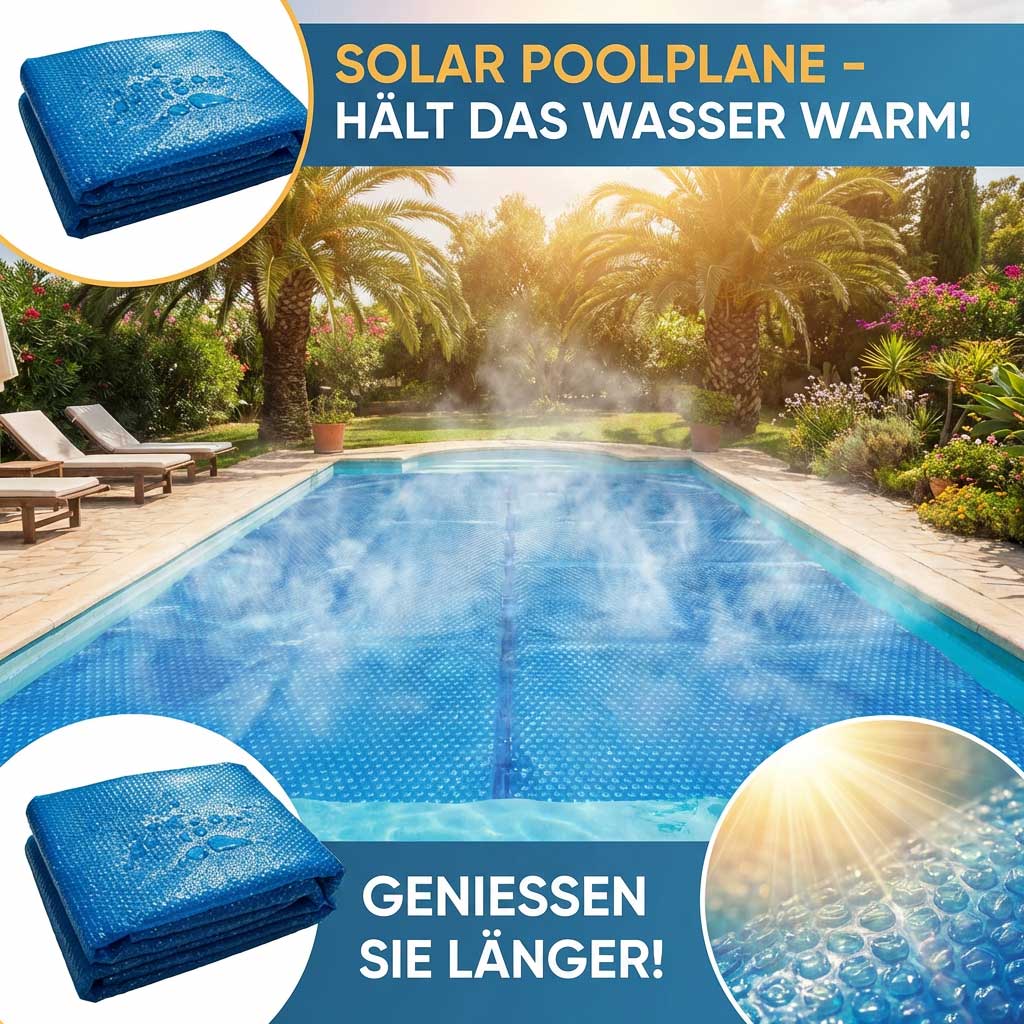 Blaue Solar-Poolabdeckung auf einem Schwimmbad mit aufsteigendem Nebel.