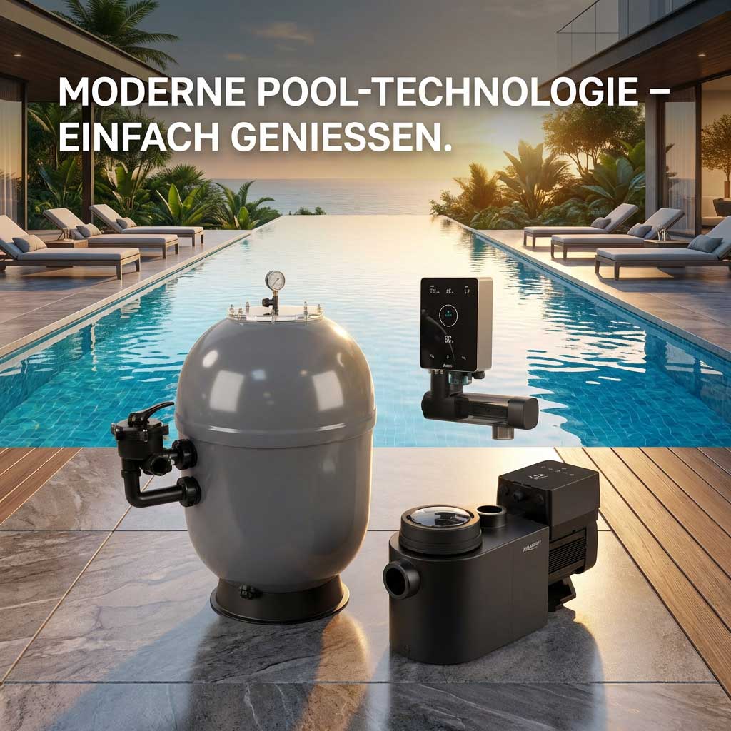 Modernes Poolfiltersystem neben einem Schwimmbad.