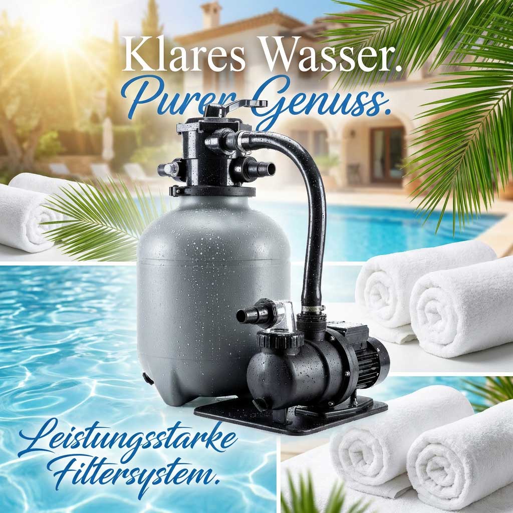 Poolfilteranlage mit Pumpe und Filterbehälter vor einem Pool.