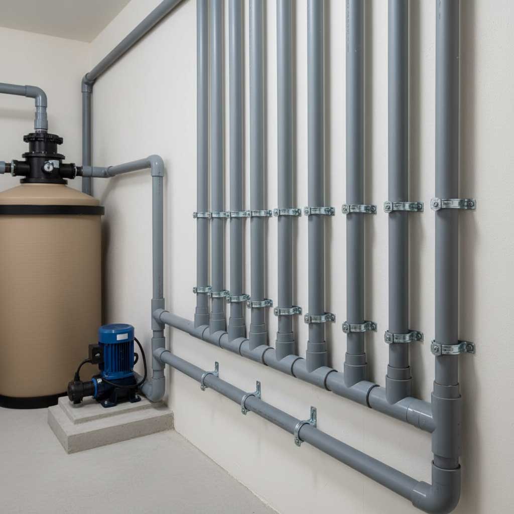 Stellt ein Wasserfiltersystem dar, das einen Tank, eine Pumpe und ein Netzwerk aus PVC-Rohren mit Halterungen umfasst.