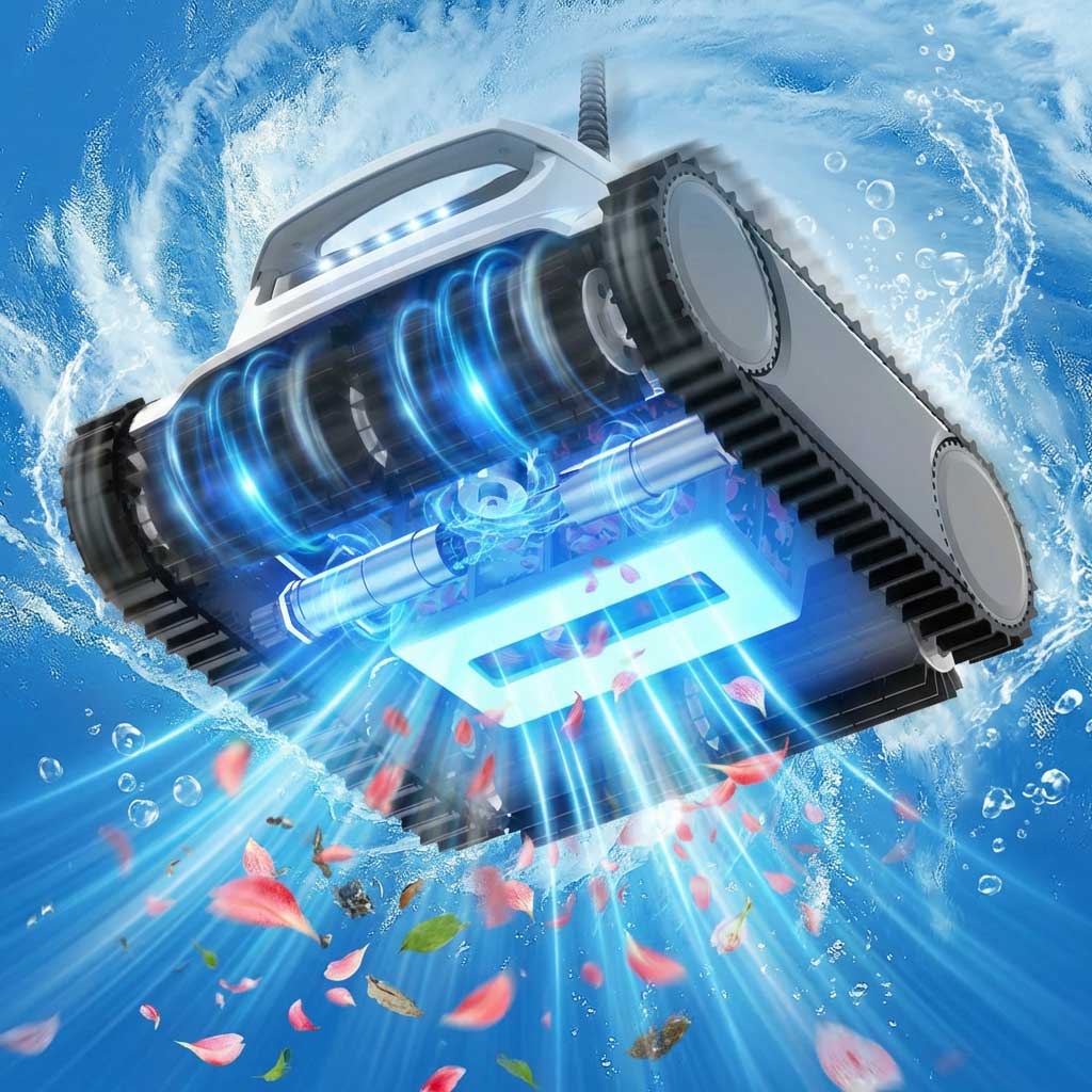 Automatischer Poolreiniger mit leistungsstarken Düsen und rotierenden Bürsten im Wasser.