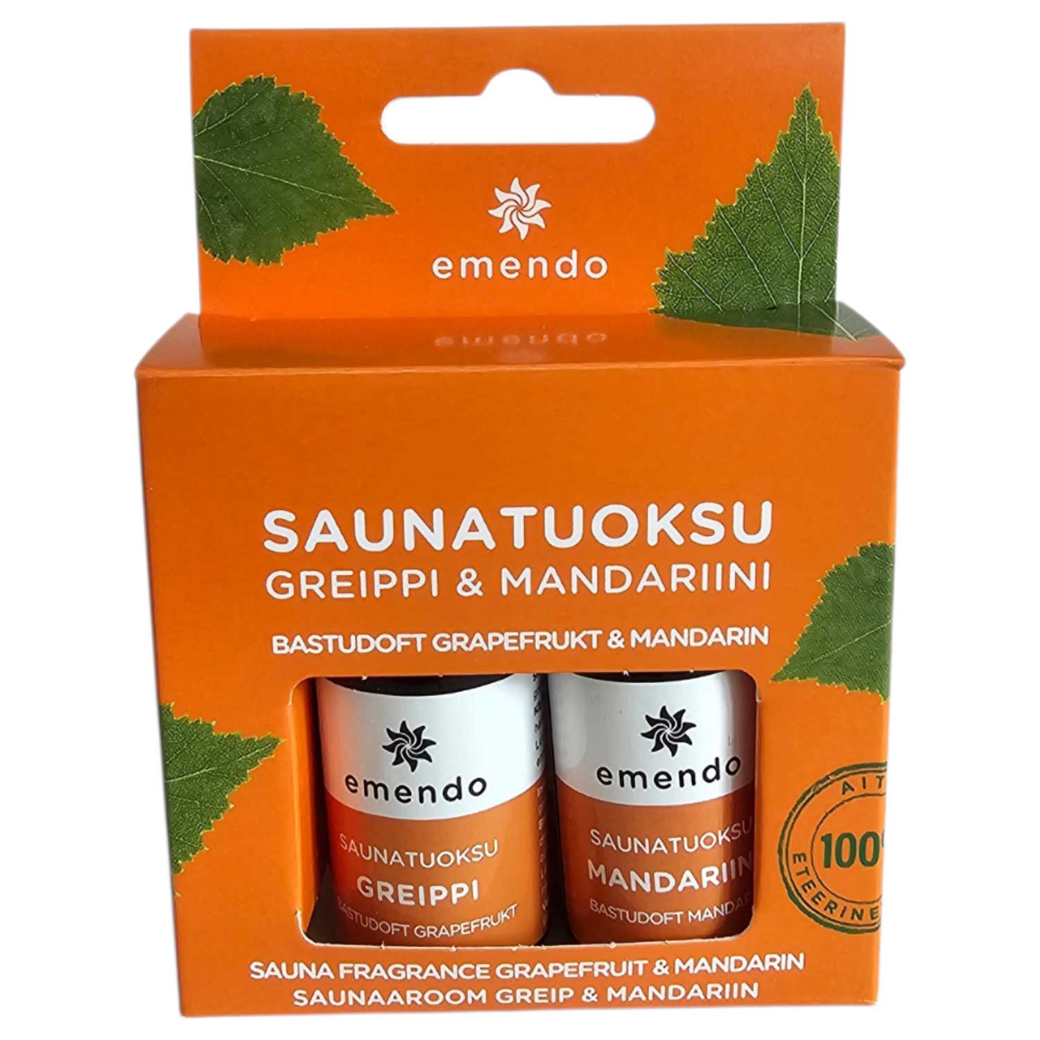 Zwei kleine Flaschen mit Sauna-Duftkonzentrat in einer orangefarbenen Produktverpackung.