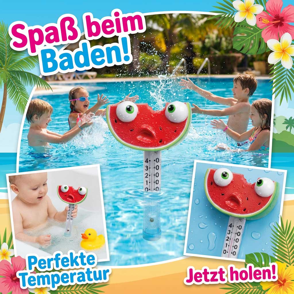 Wasserthermometer in Form einer Wassermelone, die in einem Pool schwimmt.