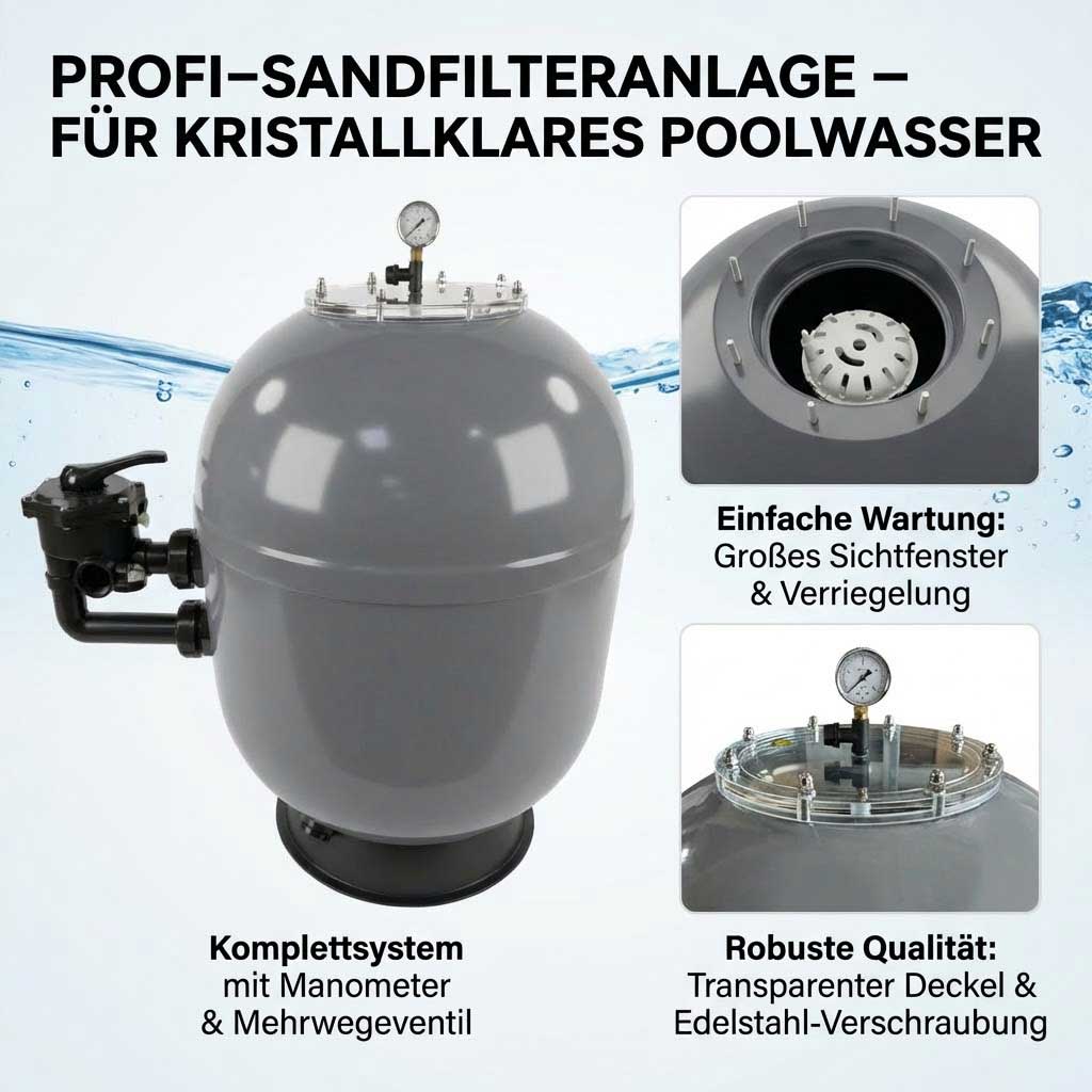 Professionelle Sandfilteranlage mit Manometer und Mehrwegeventil für Pools.